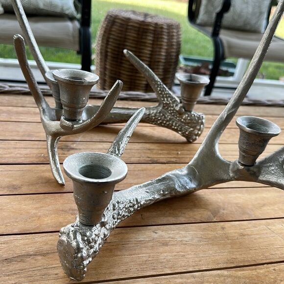 - Vintage Deer Antler Aluminum Candle Stick Holder Decor (2)